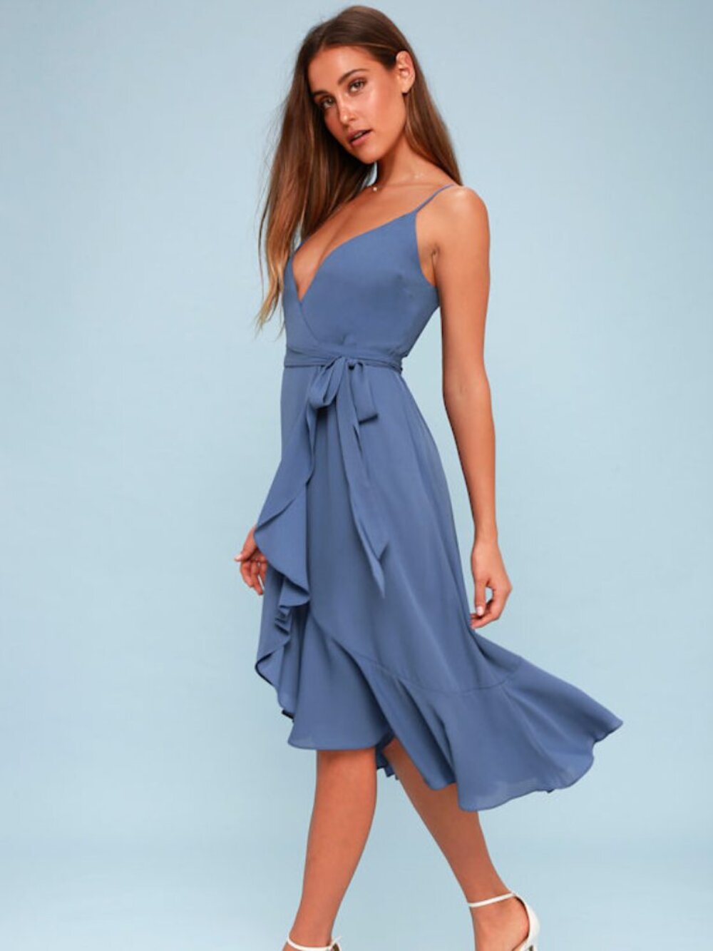Lulus Manhattan Moment Blue Ruffled Midi Wrap Dress - Size S